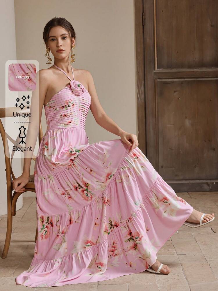 Elegant Floral Backless Women Summer Casual Vacation Long Floral Print Slip Dress Slim Fit, Pink