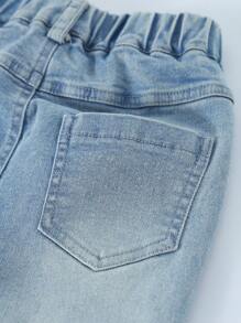 Young Girl Casual Everyday Washed Rhinestone Elastic Waist Flared Leg Pants - Light Wash - View 6