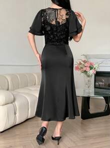 DAZY Women Floral Contrast Mesh Crew Neck Short Sleeve Fishtail Hem Dress, Elegant