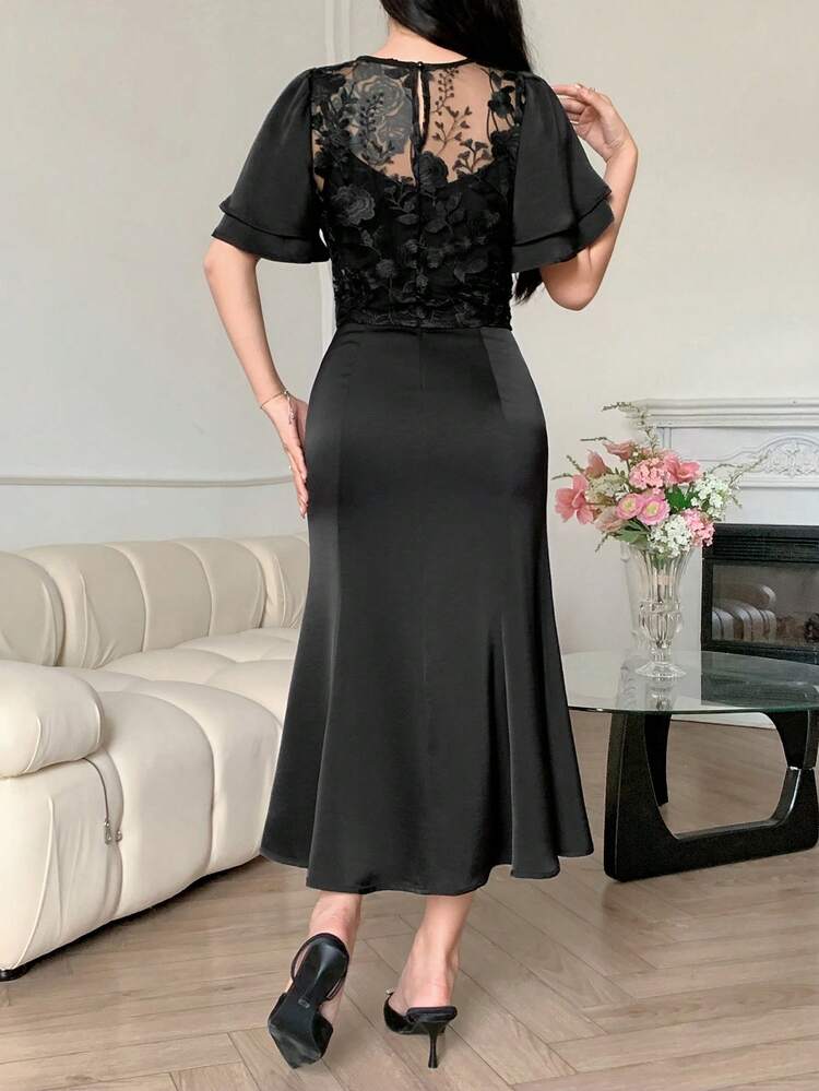 Women Floral Contrast Mesh Crew Neck Short Sleeve Fishtail Hem Dress, Elegant Dress