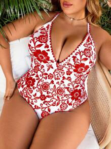 Swim Lushoire Plus Size 1-Piece Vintage Elegant Porcelain Pattern Swimsuit - Red and White - View 6