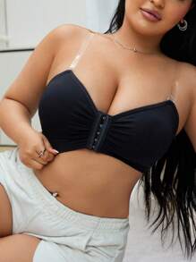DesireSculpt Plus Size Women Regular Casual Seamless Transparent Strap Bra - Black - View 5