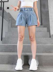 SHEIN Explorewe TWEEN GIRLS 牛仔短裤，宽松休闲牛仔短裤，荷叶边腰部设计，时尚百搭水洗蓝色牛仔短裤 - 中等水洗藍 - 查看 3