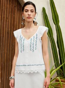Uhlyne Spring & Summer V-Neck Embroidered Blue Sleeveless Open Front Casual Short Shirt With Lace Trim - White - View 7