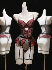 SHEIN 4件套女士蕾丝拼布钢圈性感连体衣，适合外出穿着