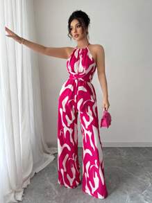 SHEIN Tall 女士印花腰带优雅休闲度假吊带连体裤 - 玫紅色 - 查看 6