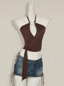 SHEIN ICON 女士纯色环状镂空性感短款露背背心 - 棕色 - 查看 9