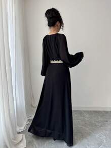 SHEIN Unity 长袖修腰深 V 领连衣裙，黑色，春夏女装 - 黑色 - 查看 2