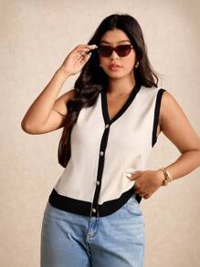 Elaquor Plus Size Contrast Trim Sleeveless Sweater Vest, Minimalist Fashion, Suitable For Summer