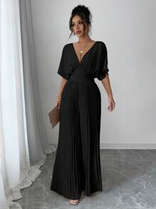 SHEIN PETITE 1 件纯色深 V 领蝙蝠袖褶皱优雅女式连体裤 - 黑色 - 查看 4