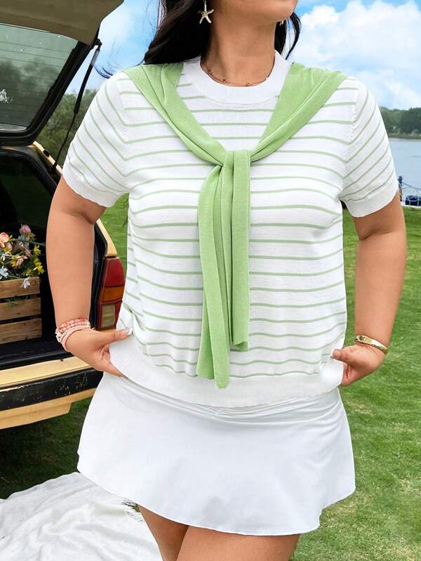 SHEIN EZwear 大码女式条纹短袖休闲针织披肩领毛衣上衣