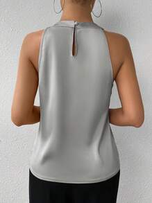 SHEIN Privé Damen Pendler elegantes einfarbiges plissiertes Top mit Trägerhals ohne Ärmel, raffiniert & schlicht für Büro, Sommer - Grau - Übersicht 2