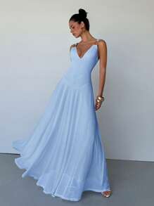 Aloruh 女士优雅深 V 形吊带连衣裙，金属装饰，A 字廓形，适合约会、派对、婚礼、毕业典礼 - 淺藍色 - 查看 4