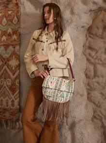 SHECARRY Women's Geometric Pattern Bohemian Style Tassel Hem Fashion Shoulder Bag