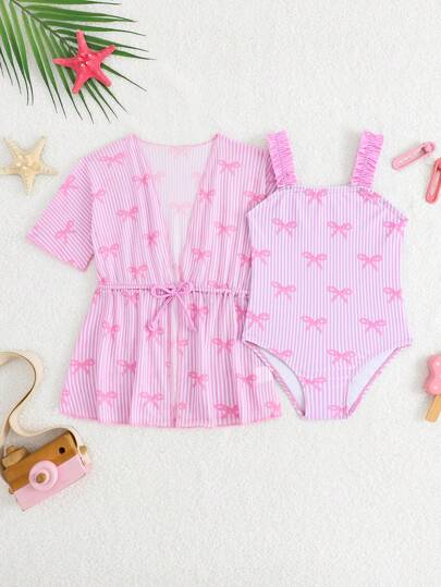SHEIN Baby Girl Swimwear Set With Bow Striped Print Swimsuit And Kimono Cover-Up, Vacation Style