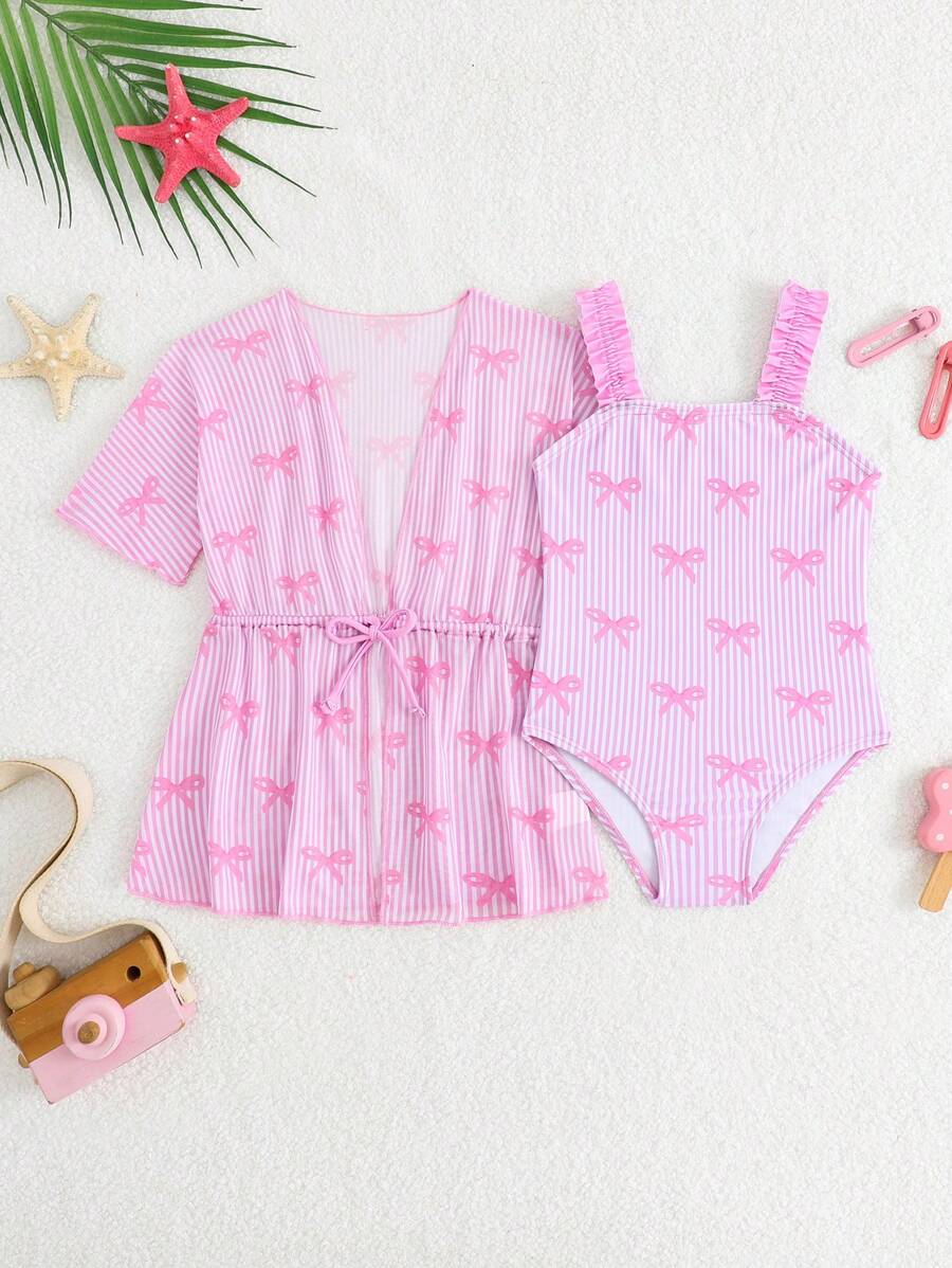SHEIN Baby Girl Swimwear Set With Bow Striped Print Swimsuit And Kimono Cover-Up, Vacation Style
