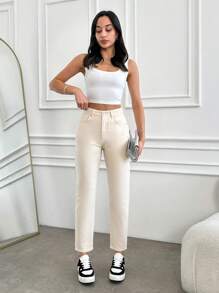 EURMUSE 100%Cotton Women's Fashionable Summer Cropped Length Solid-Colored Versatile Jeans