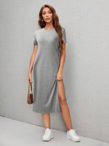 SHEIN LUNE 圆领纯色休闲连衣裙短袖，简约时尚，适合夏季 - 黑色 - 查看 3