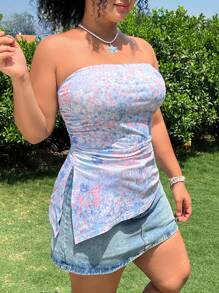 SHEIN EZwear Plus Size Ditsy Floral Vintage Bustier Frill Cropped Top - Blue - View 1