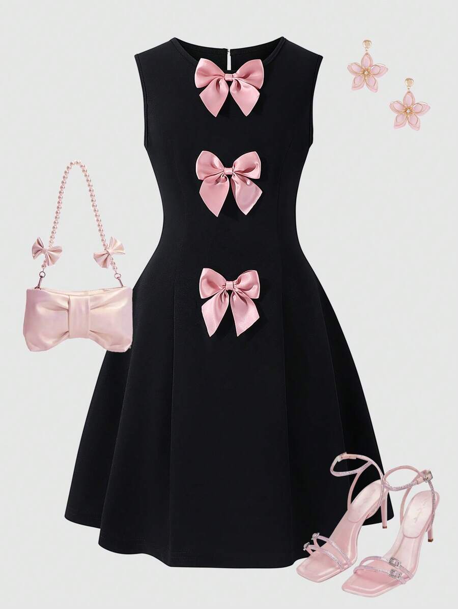 Teen Girls Elegant Bow Decor Sleeveless Dress