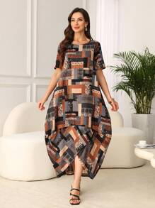 Lacomfia Vestido holgado casual de mujer con estampado de bloques de color - Multicolor - Ver 4