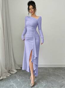 Elenzga 女士优雅时尚通勤淑女魅力长袖不对称领口收腰紧身纹理针织长裙 - 淡紫色 - 查看 7