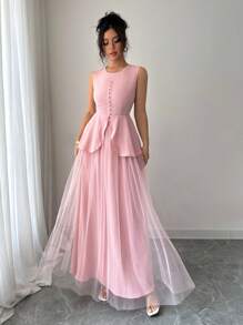 Elenzga Damski festiwalowy top bez rękawów i spódnica z siateczki 2-częściowy zestaw, różowy materiał teksturowany, okrągły dekolt, ściągacz w talii, elegancki strój na lato - Różowy - Zobacz 5