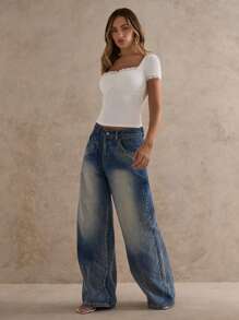 Glamine Women's Summer White Top, Fashion White Knit Short Sleeve Casual T-Shirt, Square Neck And Lace Trim Casual T-Shirt