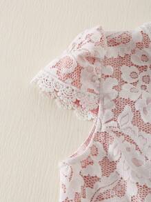 SHEIN Tween Girls' Elegant Lady V-Neck Lace Trim T-Shirt And Elastic Waist Solid Long Chiffon Skirt Two-Piece Flower Girl Wedding Outfit - Pink - View 4