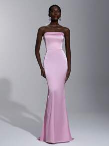 SHEIN Belle Blush Pink Spring Elegant Formal Party Wedding Bridesmaid Dress,Strapless Rhinestone Chain Decor Open Back Bodycon Fishtail Silhouette - Baby Pink - View 6