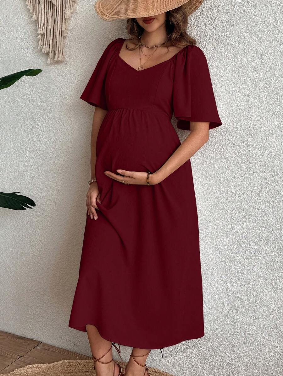 SHEIN فستان طويل للأمهات عرض الرقبة بتصميم الكشكشة عند الأكمام و الخصر مربوط، مناسب للمناسبات الصيفية