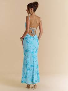 SHEIN BAE 蓝色露背系带铆钉珍珠亮片装饰连衣裙，女士优雅度假沙滩裙，适合夏季、音乐节、露背连衣裙 - 藍色 - 查看 2