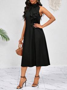 SHEIN Lady 3D Three-Dimensional Flower Ruffles Decorate The Neckline. Orange Mid-Length Dress. Elegant Ladies Loose And Casual. Spring And Summer Vacation. Bohemian. Business Casual Woman - Black - View 5