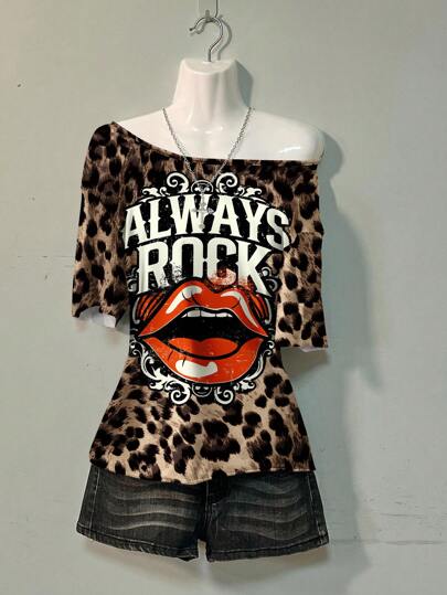 Attitoon Áo thun tay ngắn hở vai họa tiết da báo Rock & Roll phong cách cổ điển đường phố gợi cảm dành cho nữ, thích hợp cho lễ hội âm nhạc mùa hè