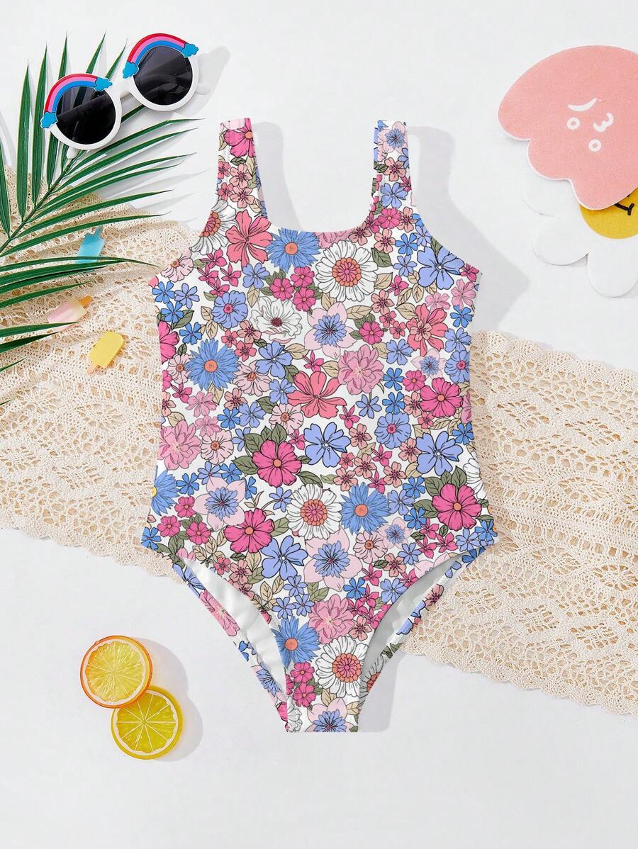 Young Girls Casual Simple Strap One-Piece Swimsuit, Suitable For Summer - Multicolor - View 1