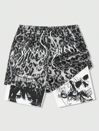 Anime Pantalones cortos de hombre con 2 en 1 estampado de personaje de anime y animal vintage estampado de leopardo, adecuado para el uso diario en primavera/verano