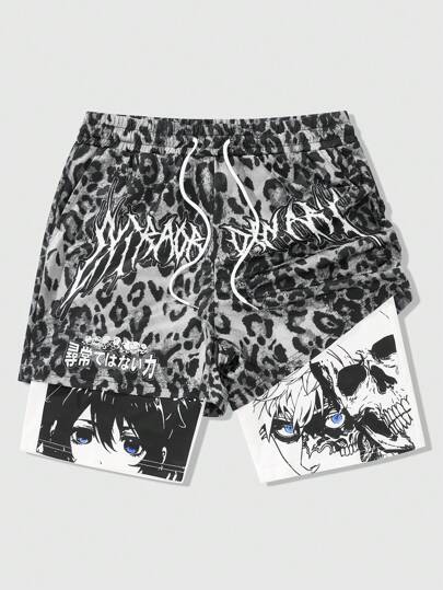 Men's 2 In 1 Anime Character & Vintage Animal Leopard Print Patterned Shorts, Suitable For Everyday Wear In Spring/Summer