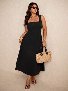 Elaquor Plus Size Solid Color Sleeveless Casual Holiday Dress,Summer Outfits For Women - Black - View 1