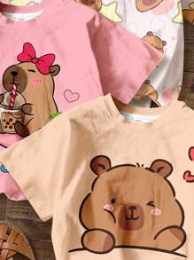 SHEIN 2 peças/Conjunto Capivara Fofa, Anime Rosa, Coração e Laço Impresso, Camiseta de Tripulação de Manga Curta Casual Minimalista, Verão Pré-adolescente Menina