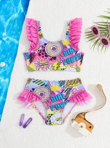 SHEIN Young Girl Allover Print Ruffle Trim Bikini Set, Suitable For Summer Vacation Beach - Multicolor - View 1