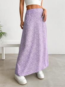 SHEIN EZwear 女式高腰长款雪纺碎花休闲裙，夏季，浅紫色 - 紫色 - 查看 5