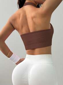 Slayform Slayform Women's Racerback Sports Bra, Black Halter Neck Yoga Bra - Coffee Brown - View 2