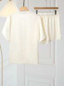 SHEIN LUNE Plus Size Elegant High Collar Button Placket Slit Short Sleeve Top And Shorts Set - Apricot - View 2