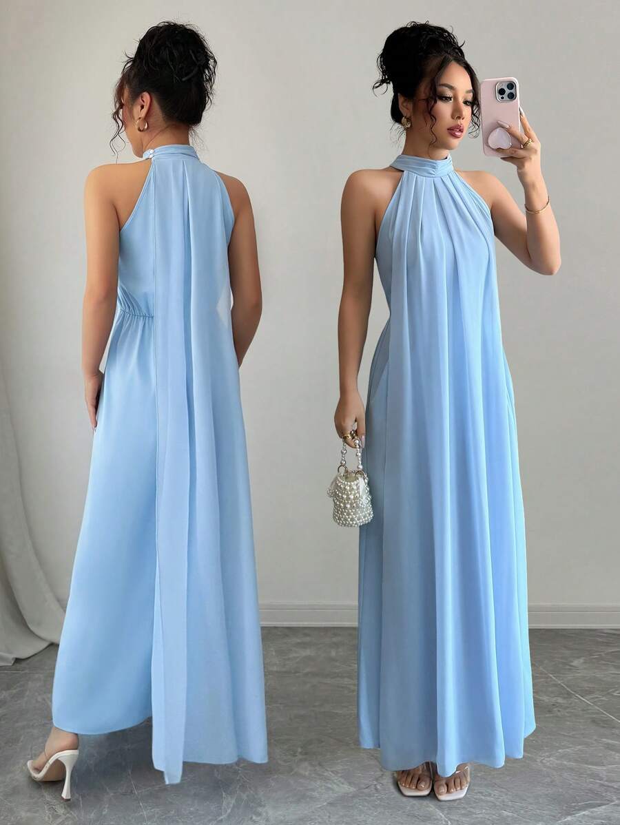 Rafferiza 女士浅蓝色露背优雅长款太阳裙，春夏 - 藍色 - 查看 1