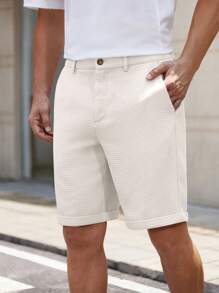Manfinity VCAY Pantalones cortos rectos de media cintura de unicolor tejidos para hombres, adecuados para uso casual en primavera y verano, Old Money - Blanco - Ver 6