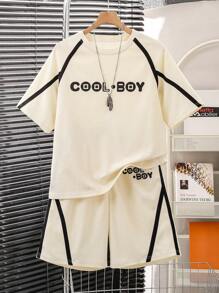 Conjunto informal de 2 piezas con camiseta holgada de tela de textura de gofre con rayas de color contrastante para adolescentes