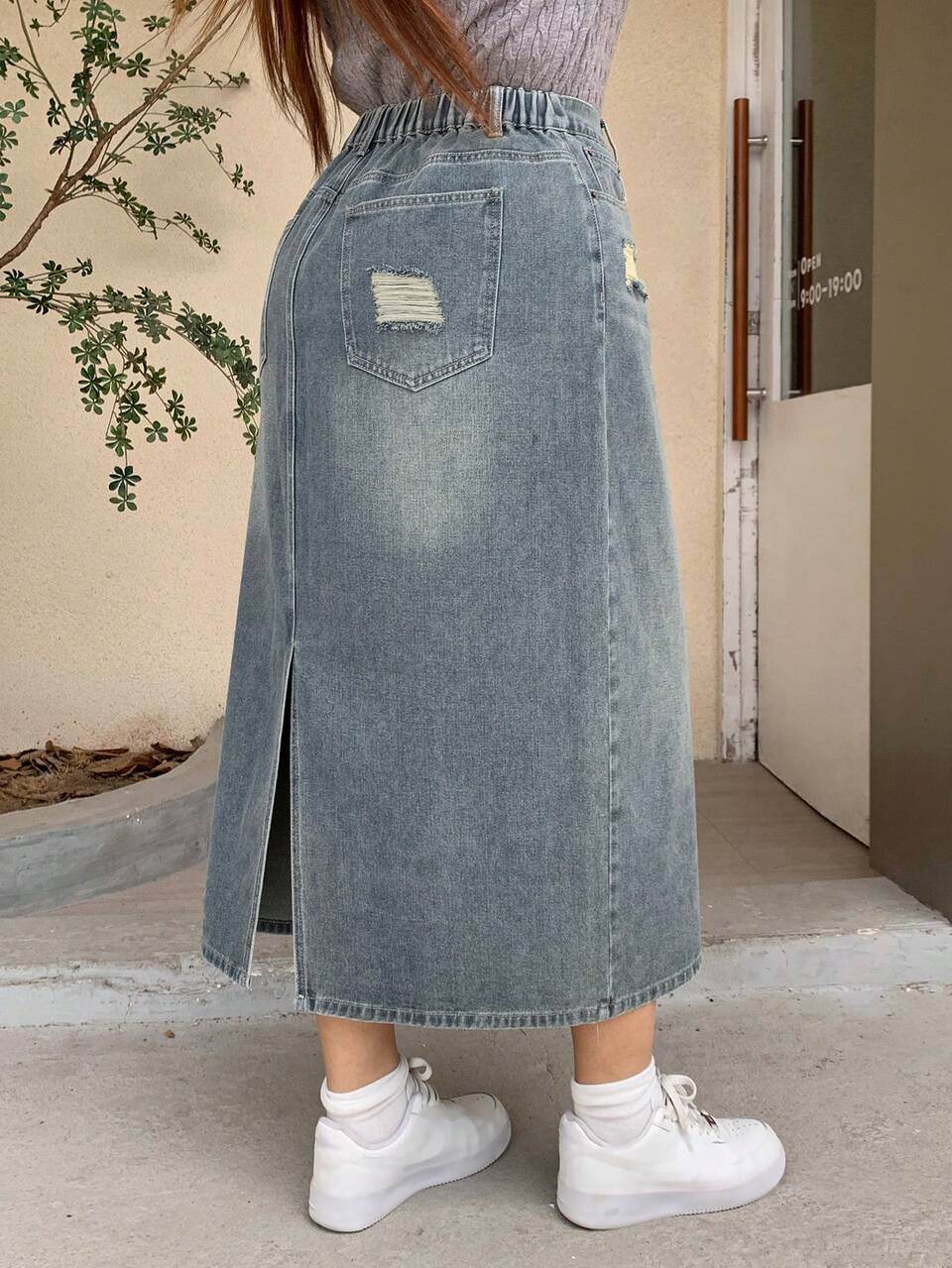 Dazy Plus Plus Size Vintage Washed-Out Blue Distressed A-Line Denim Skirt Jeans Skirt Fall/Winter