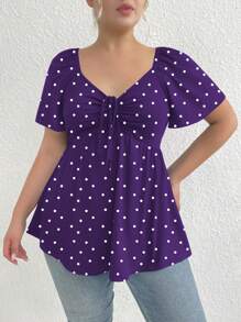 SHEIN LUNE Plus Size Women Polka Dot Print Drawstring Front Short Sleeve Fitted Knit T-Shirt, Summer - Multicolor - View 6