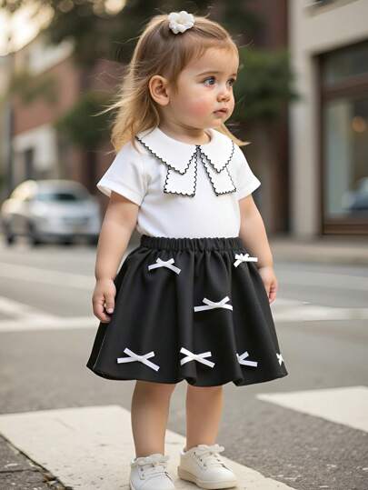 مجموعة بنطلون وتوب مزينين بالفيونكة لطفلة رضيعة، مناسبة للصيف