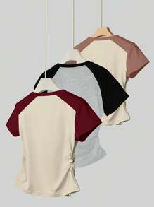 Teen Girl Casual Color Block Short Sleeve T-Shirt, Versatile & Minimalist - Multicolor - View 2